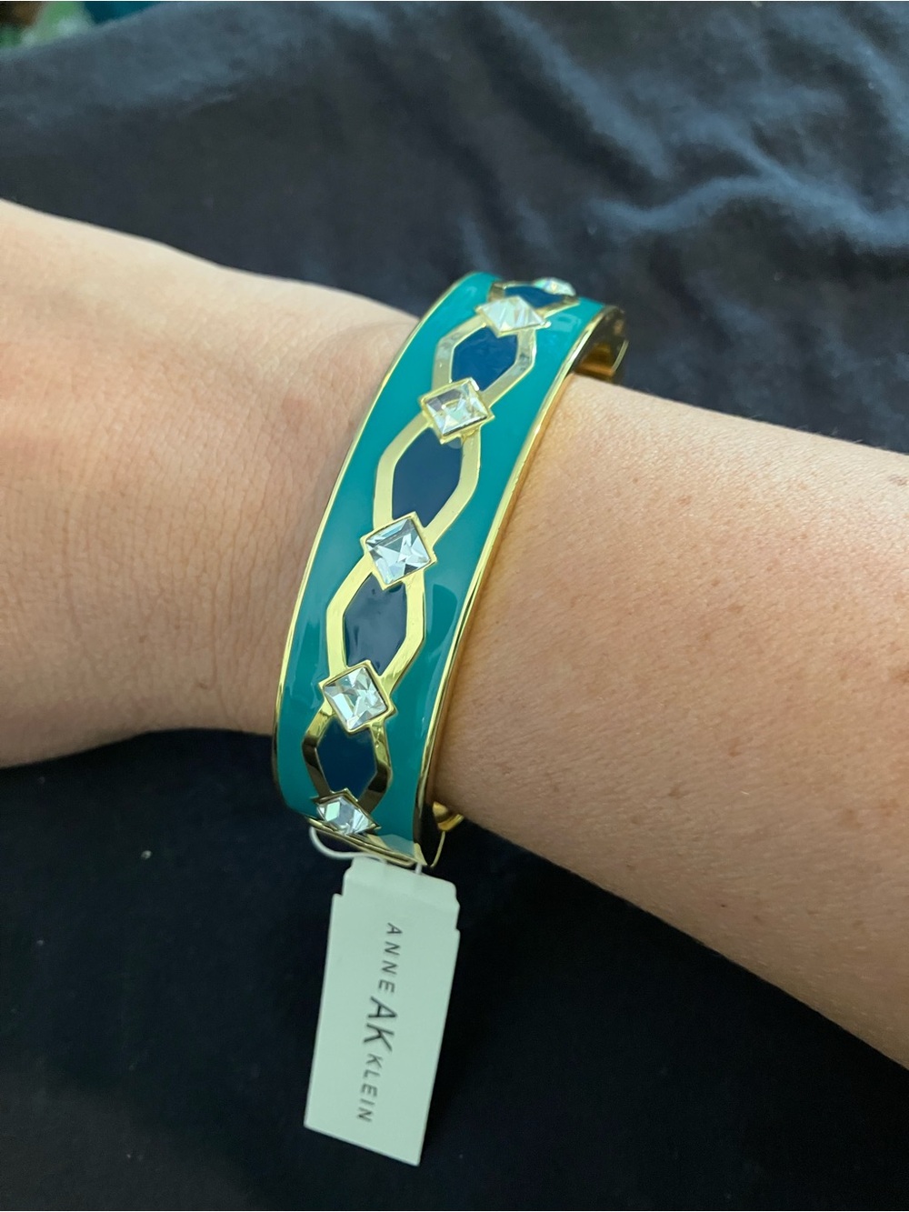 Anne Klein Teal Enamel Gold-Tone Bangle with Crystal Chain Motif